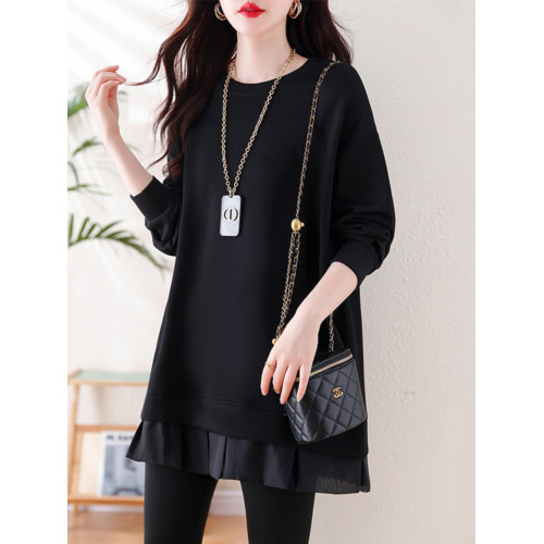 九月陌墨2025春秋新款拼接歐根紗荷葉邊純色中長款衛衣顯瘦上衣女