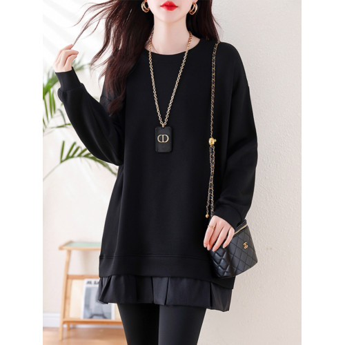 九月陌墨2025春秋新款拼接歐根紗荷葉邊純色中長款衛衣顯瘦上衣女