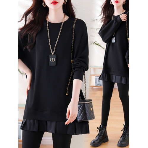 九月陌墨2025春秋新款拼接歐根紗荷葉邊純色中長款衛衣顯瘦上衣女