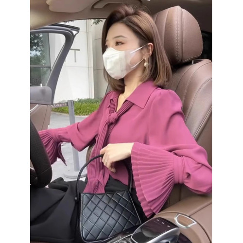氣質女裝2025年新款秋季時尚法式高級感玫紅色雪紡喇叭袖襯衫上衣