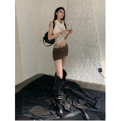 廢土風小衆設計感美背美式外穿辣妹掛脖背心吊帶上衣短裙套裝