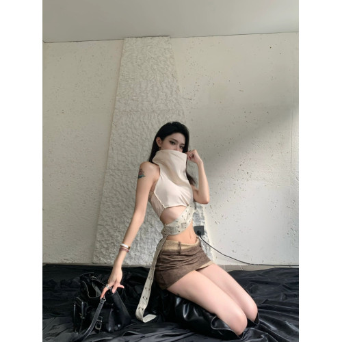 廢土風小衆設計感美背美式外穿辣妹掛脖背心吊帶上衣短裙套裝