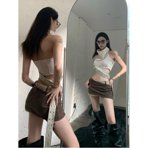 廢土風小衆設計感美背美式外穿辣妹掛脖背心吊帶上衣短裙套裝