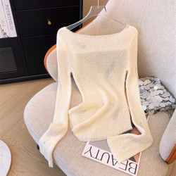 專櫃撤廻剪標性感一字領鏤空薄款防曬長袖女春季辣妹外穿針織上衣