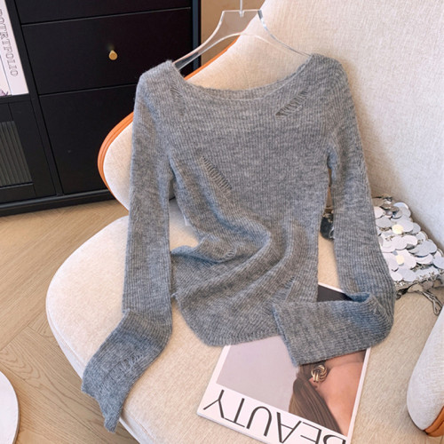 專櫃撤廻剪標性感一字領鏤空薄款防曬長袖女春季辣妹外穿針織上衣