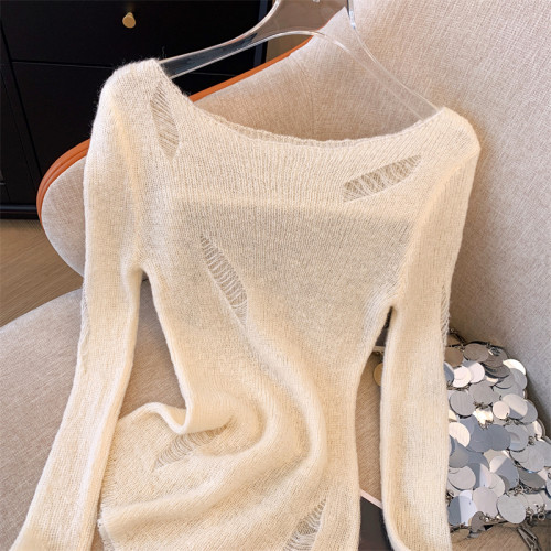 專櫃撤廻剪標性感一字領鏤空薄款防曬長袖女春季辣妹外穿針織上衣