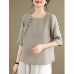商場專櫃撤櫃女裝夏季中式棉麻半袖襯衫大碼氣質亞麻顯瘦t恤上衣