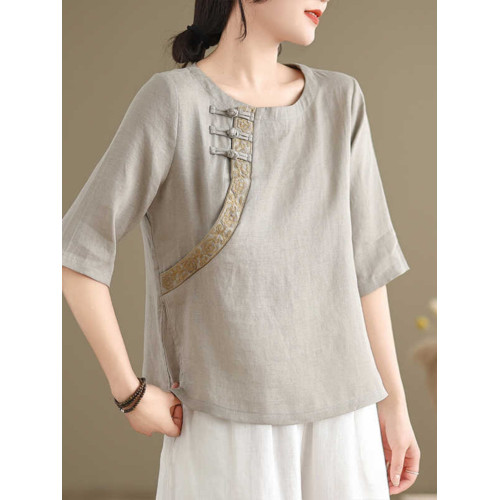 商場專櫃撤櫃女裝夏季中式棉麻半袖襯衫大碼氣質亞麻顯瘦t恤上衣