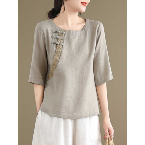 商場專櫃撤櫃女裝夏季中式棉麻半袖襯衫大碼氣質亞麻顯瘦t恤上衣