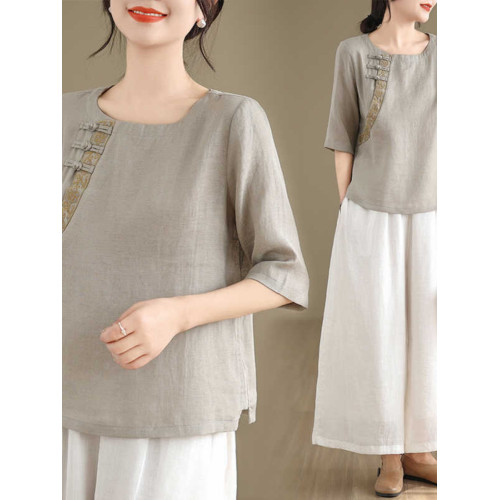 商場專櫃撤櫃女裝夏季中式棉麻半袖襯衫大碼氣質亞麻顯瘦t恤上衣