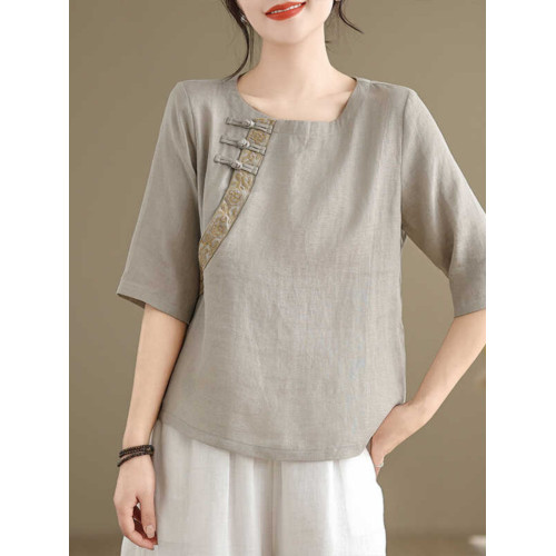 商場專櫃撤櫃女裝夏季中式棉麻半袖襯衫大碼氣質亞麻顯瘦t恤上衣