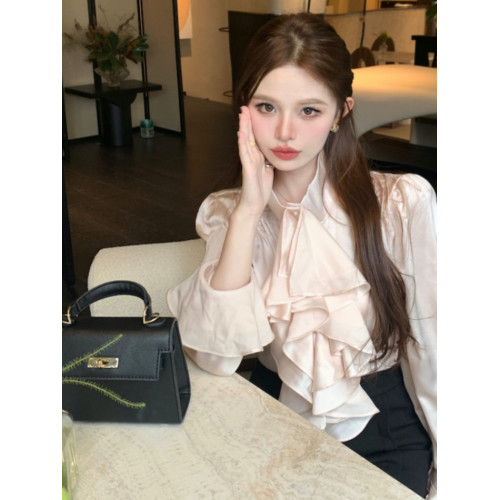 法式宮廷風立領緞面襯衫女裝長袖秋季輕熟氣質別致設計感小衆上衣