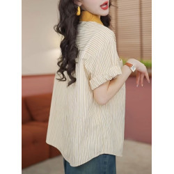 2025年夏季新款港風復古拼色短袖襯衫女裝寬鬆顯瘦設計感條紋上衣