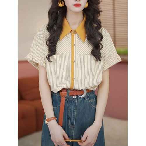 2025年夏季新款港風復古拼色短袖襯衫女裝寬鬆顯瘦設計感條紋上衣