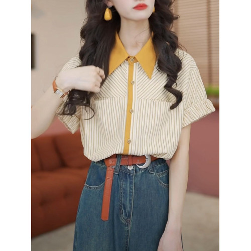 2025年夏季新款港風復古拼色短袖襯衫女裝寬鬆顯瘦設計感條紋上衣