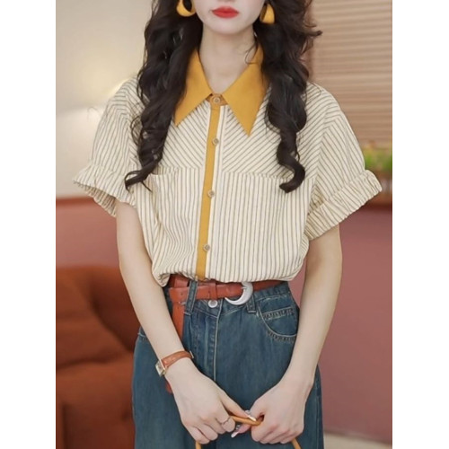 2025年夏季新款港風復古拼色短袖襯衫女裝寬鬆顯瘦設計感條紋上衣