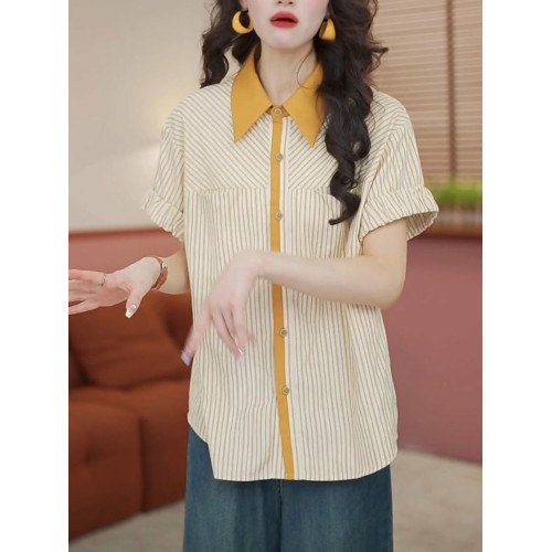 2025年夏季新款港風復古拼色短袖襯衫女裝寬鬆顯瘦設計感條紋上衣