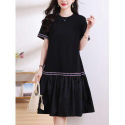 九月陌墨短袖法式圓領拼接T恤裙夏季2024新款大碼A字顯瘦連衣裙女
