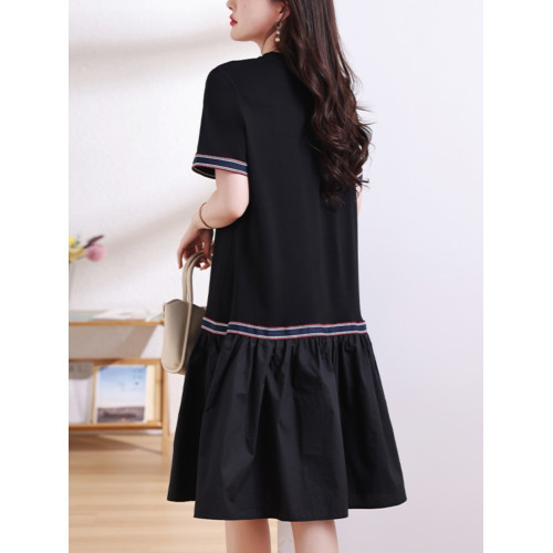 九月陌墨短袖法式圓領拼接T恤裙夏季2024新款大碼A字顯瘦連衣裙女