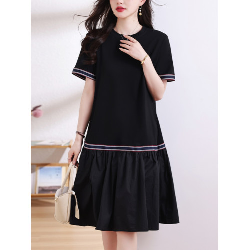 九月陌墨短袖法式圓領拼接T恤裙夏季2024新款大碼A字顯瘦連衣裙女