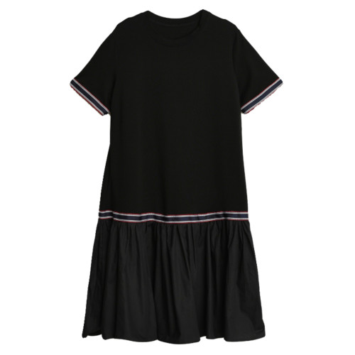 九月陌墨短袖法式圓領拼接T恤裙夏季2024新款大碼A字顯瘦連衣裙女