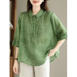 日系高級出口Polo領苧麻上衣女文藝印花寬鬆百搭棉麻襯衣