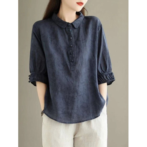 日系高級出口Polo領苧麻上衣女文藝印花寬鬆百搭棉麻襯衣