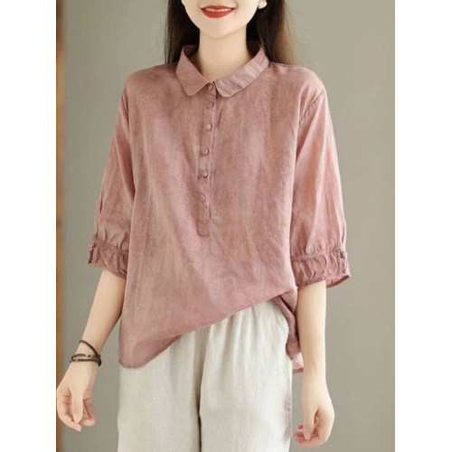 日系高級出口Polo領苧麻上衣女文藝印花寬鬆百搭棉麻襯衣