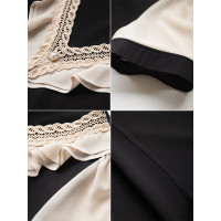 九月陌墨赫本風V領荷葉邊撞色A字洋氣顯瘦短袖連衣裙女歐洲站夏季