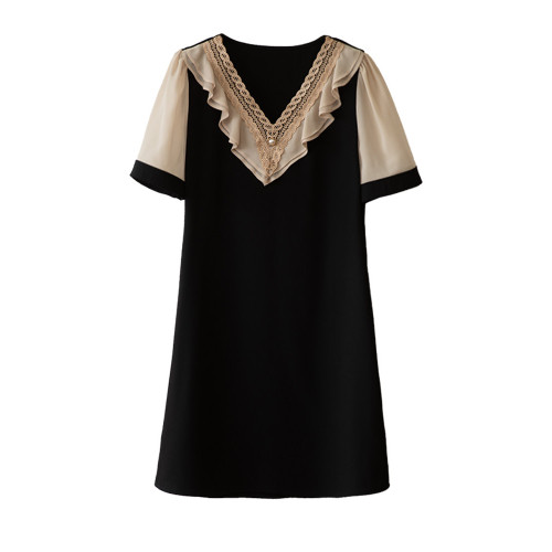 九月陌墨赫本風V領荷葉邊撞色A字洋氣顯瘦短袖連衣裙女歐洲站夏季