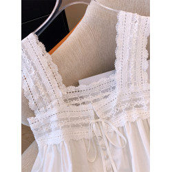 法式白色蕾絲方領無袖上衣夏季寬鬆鏤空吊帶娃娃衫短款背心襯衫