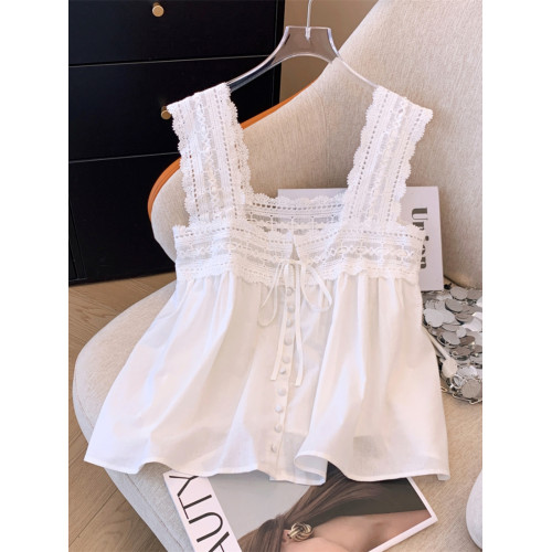 法式白色蕾絲方領無袖上衣夏季寬鬆鏤空吊帶娃娃衫短款背心襯衫