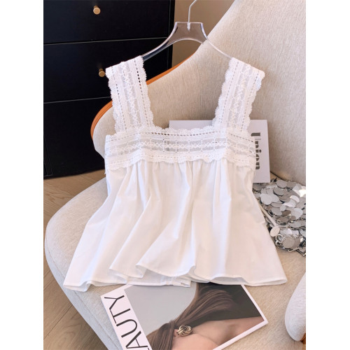 法式白色蕾絲方領無袖上衣夏季寬鬆鏤空吊帶娃娃衫短款背心襯衫