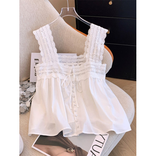 法式白色蕾絲方領無袖上衣夏季寬鬆鏤空吊帶娃娃衫短款背心襯衫