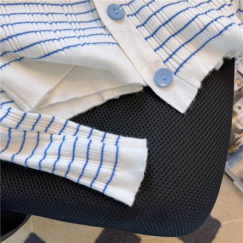 專櫃撤廻！條紋繙領針織開衫配無袖短款小背心女春季新款曡穿套裝