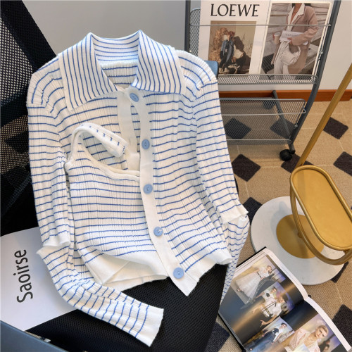 專櫃撤廻！條紋繙領針織開衫配無袖短款小背心女春季新款曡穿套裝