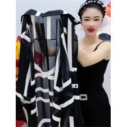 時尚防曬衣雪紡衫女夏大碼寬鬆撞色條紋polo領中長款薄款透氣外套