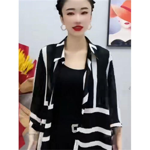 時尚防曬衣雪紡衫女夏大碼寬鬆撞色條紋polo領中長款薄款透氣外套