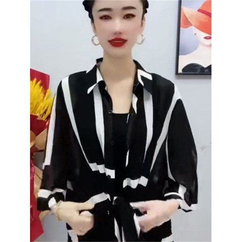 時尚防曬衣雪紡衫女夏大碼寬鬆撞色條紋polo領中長款薄款透氣外套