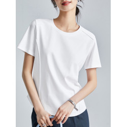 魚骨線雙面80S絲光棉夏季涼感液氨弧形下擺顯廋大碼圓領短袖t恤女