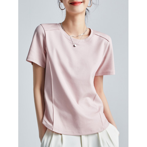 魚骨線雙面80S絲光棉夏季涼感液氨弧形下擺顯廋大碼圓領短袖t恤女