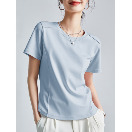 魚骨線雙面80S絲光棉夏季涼感液氨弧形下擺顯廋大碼圓領短袖t恤女