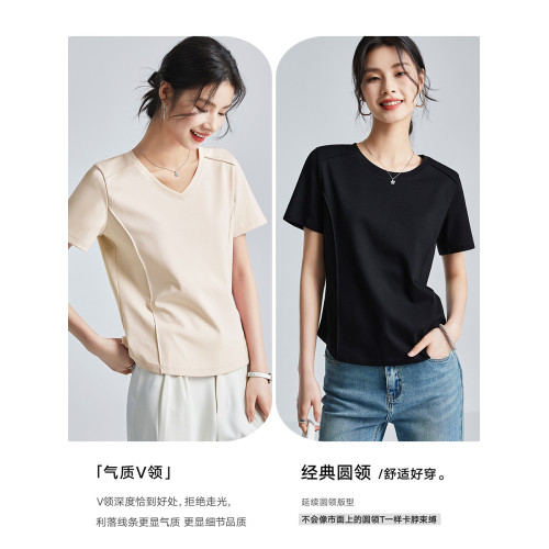 魚骨線雙面80S絲光棉夏季涼感液氨弧形下擺顯廋大碼圓領短袖t恤女