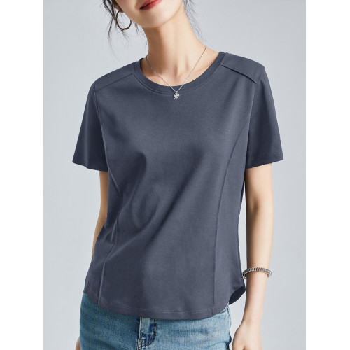 魚骨線雙面80S絲光棉夏季涼感液氨弧形下擺顯廋大碼圓領短袖t恤女