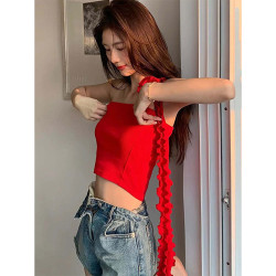 BaiYaShan/白婭衫 時尚辣妹紅色單肩上衣氣質修身立體花吊帶背心