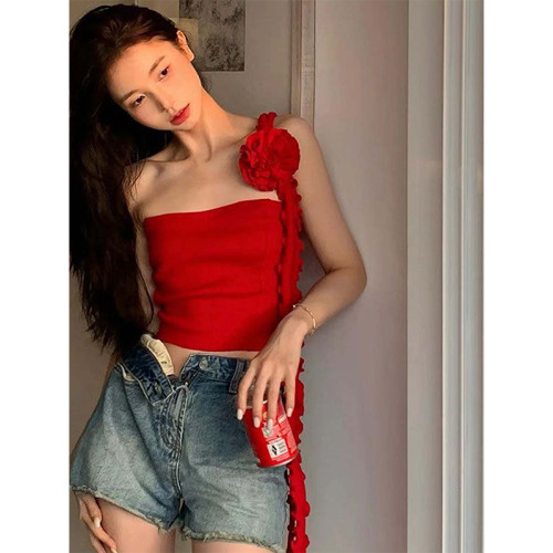 BaiYaShan/白婭衫 時尚辣妹紅色單肩上衣氣質修身立體花吊帶背心