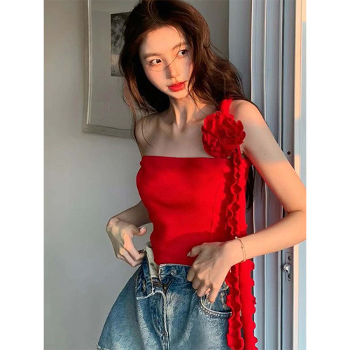 BaiYaShan/白婭衫 時尚辣妹紅色單肩上衣氣質修身立體花吊帶背心