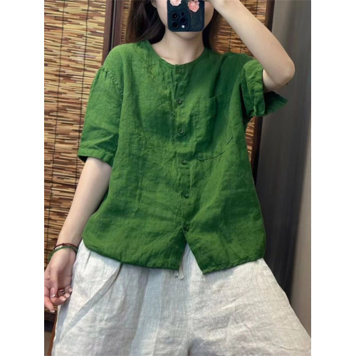 出口日單外單棉麻短袖襯衣女復古文藝寬鬆百搭圓領開衫上衣夏