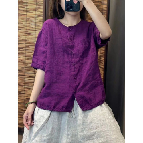 出口日單外單棉麻短袖襯衣女復古文藝寬鬆百搭圓領開衫上衣夏