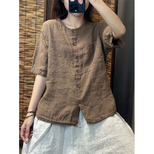 出口日單外單棉麻短袖襯衣女復古文藝寬鬆百搭圓領開衫上衣夏